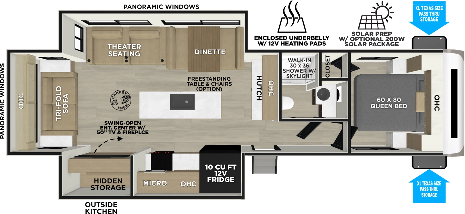 The Hemisphere Travel Trailers 273RL - DSO floorplan has one entry and two slide outs. Exterior features include: fiberglass exterior, 20' awning and outside kitchen. Interiors features include: kitchen island, free-standing dinette option, front bedroom and rear living.